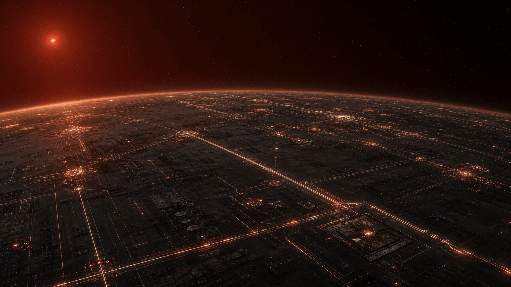A red-lit city network spreading across the curve of a planet