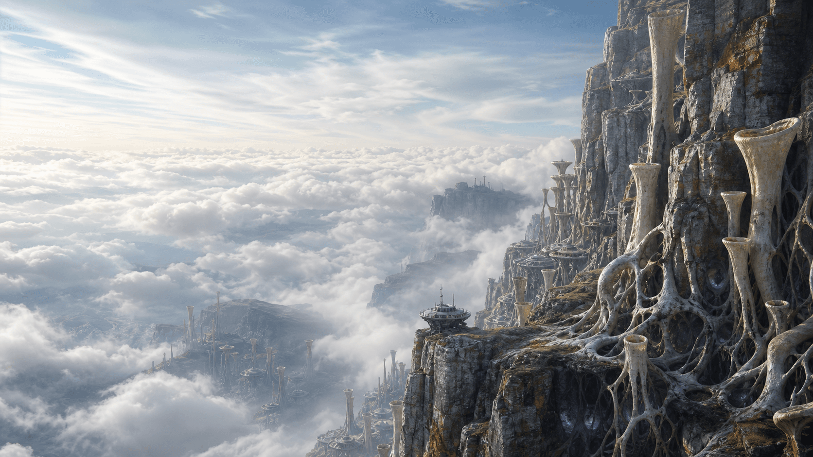 A high city rising above a bright cloudscape