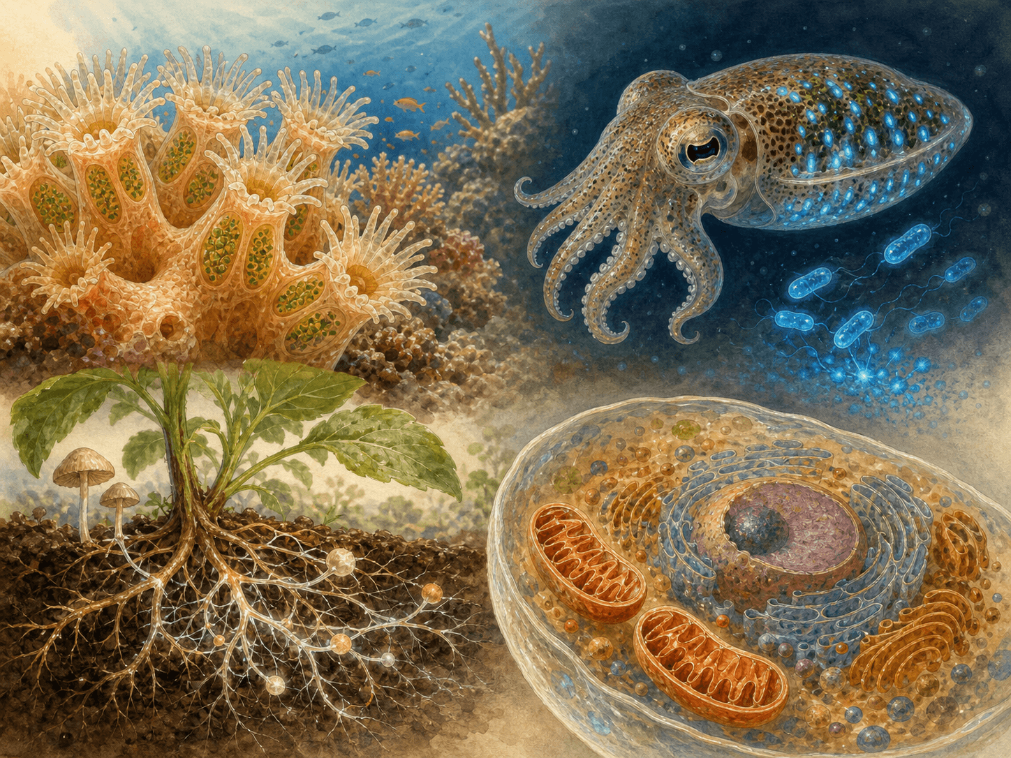 Coral and algae, bobtail squid and bacteria, plant roots and fungi, and a cell with mitochondria