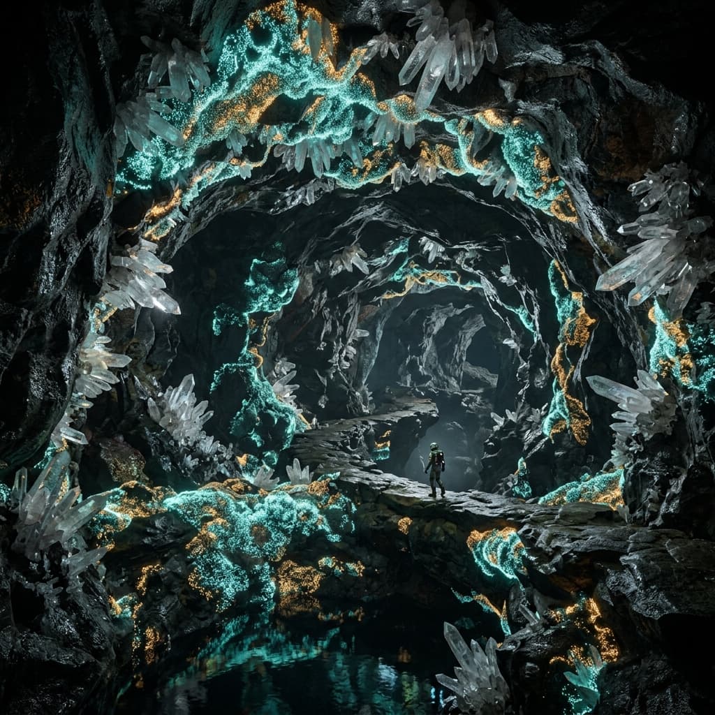 Subterranean quartz cavern on Drumath illuminated by glowing piezoelectric Norum mats