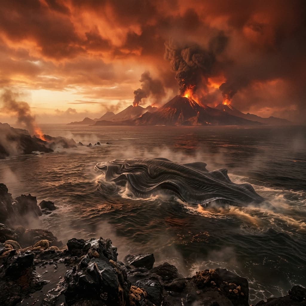 Surface volcanic sea on Drumath with red-orange sky and active archipelago