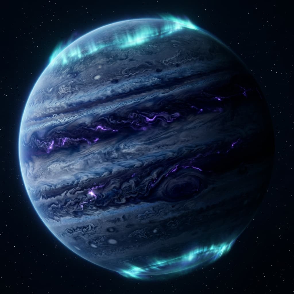 An Aeluun-class gas giant — estimated class of Chorus homeworld; hydrogen-helium atmosphere, electromagnetic field bands visible at upper layers, no solid surface