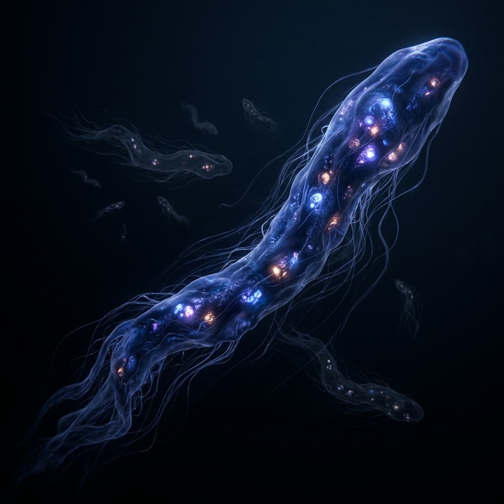 A Chorus Resonant form — larger and denser than a standard Drone, partially translucent blue-violet, luminous nodules bright along its length, smaller ghostly Drone forms visible behind it
