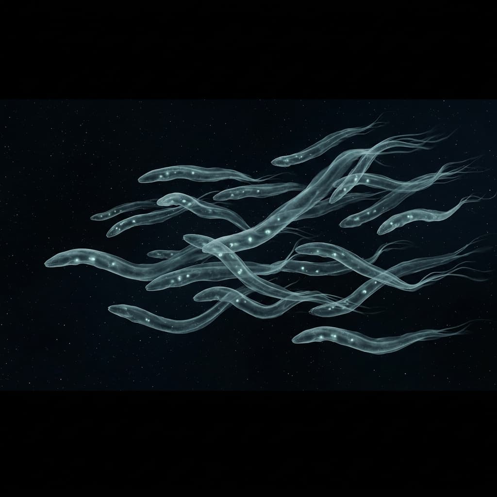 A swarm of Chorus Drone forms drifting through deep space — elongated serpentine entities, semi-translucent, edges dissolving into the darkness, luminous nodules glowing at irregular intervals