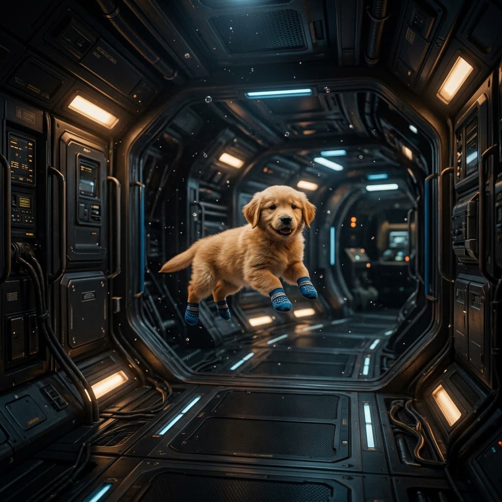 Puppy floating in space station