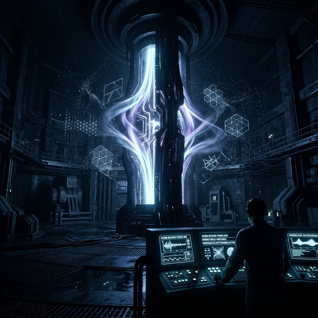 Research chamber at the moment of activation — dust organizing, light bending around the beacon