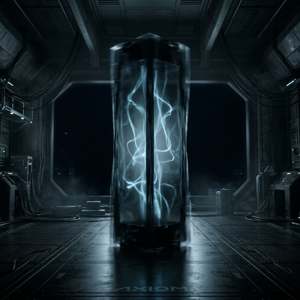 A Chorus Beacon standing in an AXIOM research chamber, edges refusing to resolve