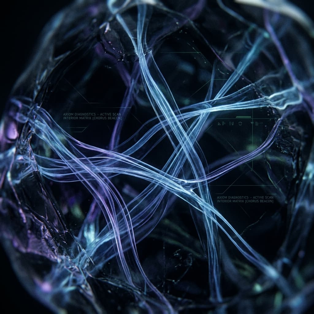 Macro scan of interior filaments drifting through the beacon's translucent dark material