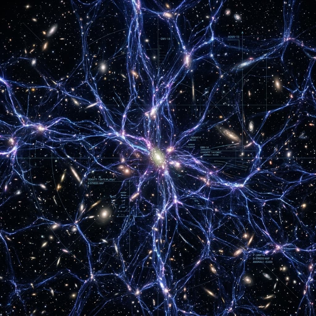 Filaments of dark matter mapping in deep space, cold neon-indigo and violet energy structure