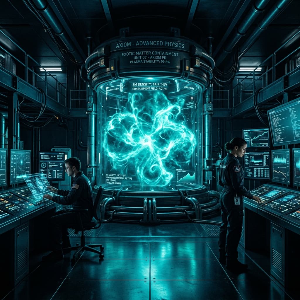 Exotic matter containment apparatus in an AXIOM Advanced Physics Division laboratory — cyan containment fields, dark blue-black environment, classification-era instrumentation