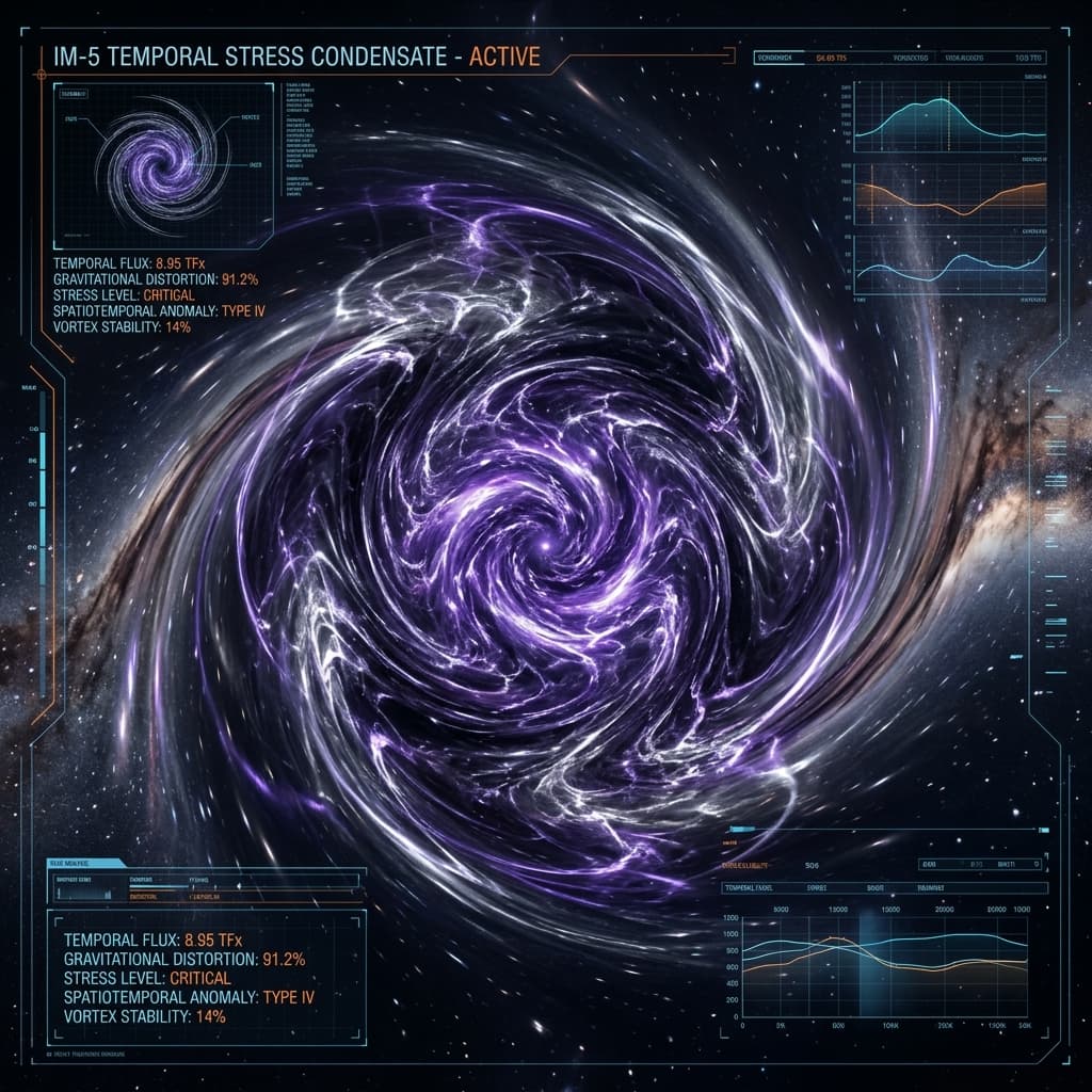 IM-5 Temporal Stress Condensate showing a swirling vortex of deep violet and silver energy fields
