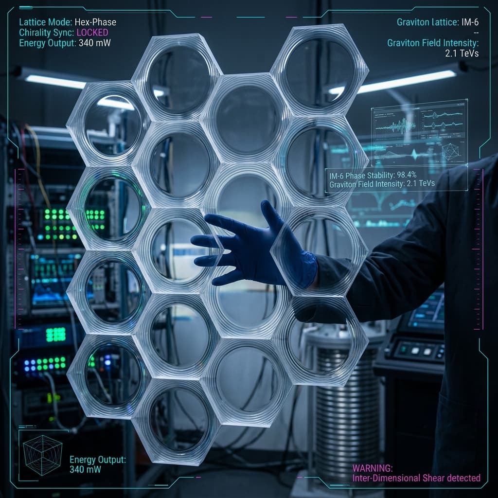 IM-6 Graviton Phase Lattice showing a geometric lattice of glowing white and cyan lines