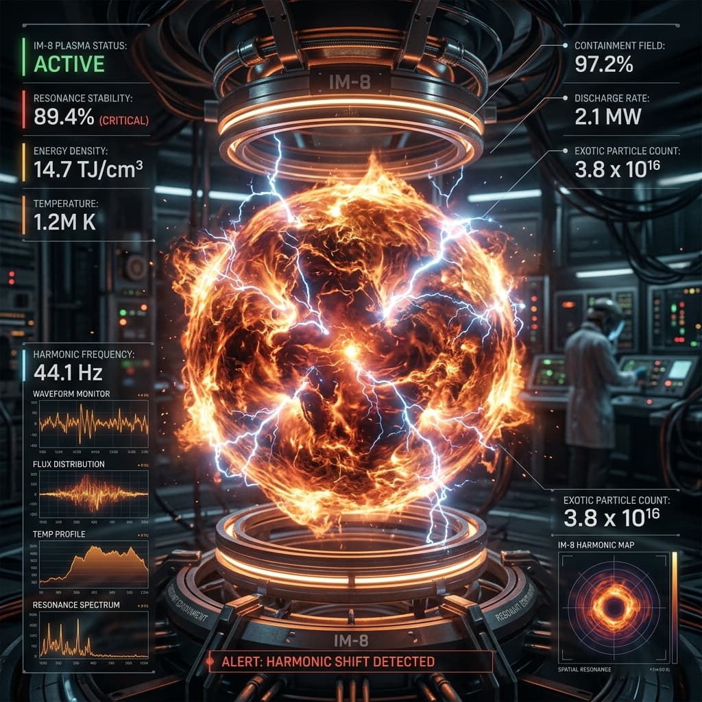 IM-8 Resonant Exotic Plasma showing a chaotic sphere of high-energy orange and red plasma