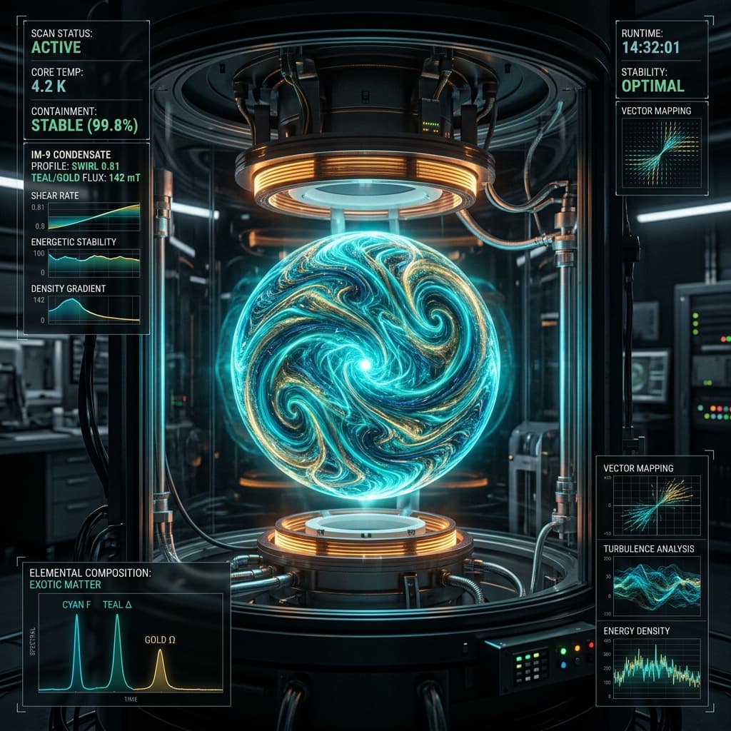IM-9 Interstitial Shear Condensate showing a stable sphere of swirling cyan, teal, and gold exotic matter