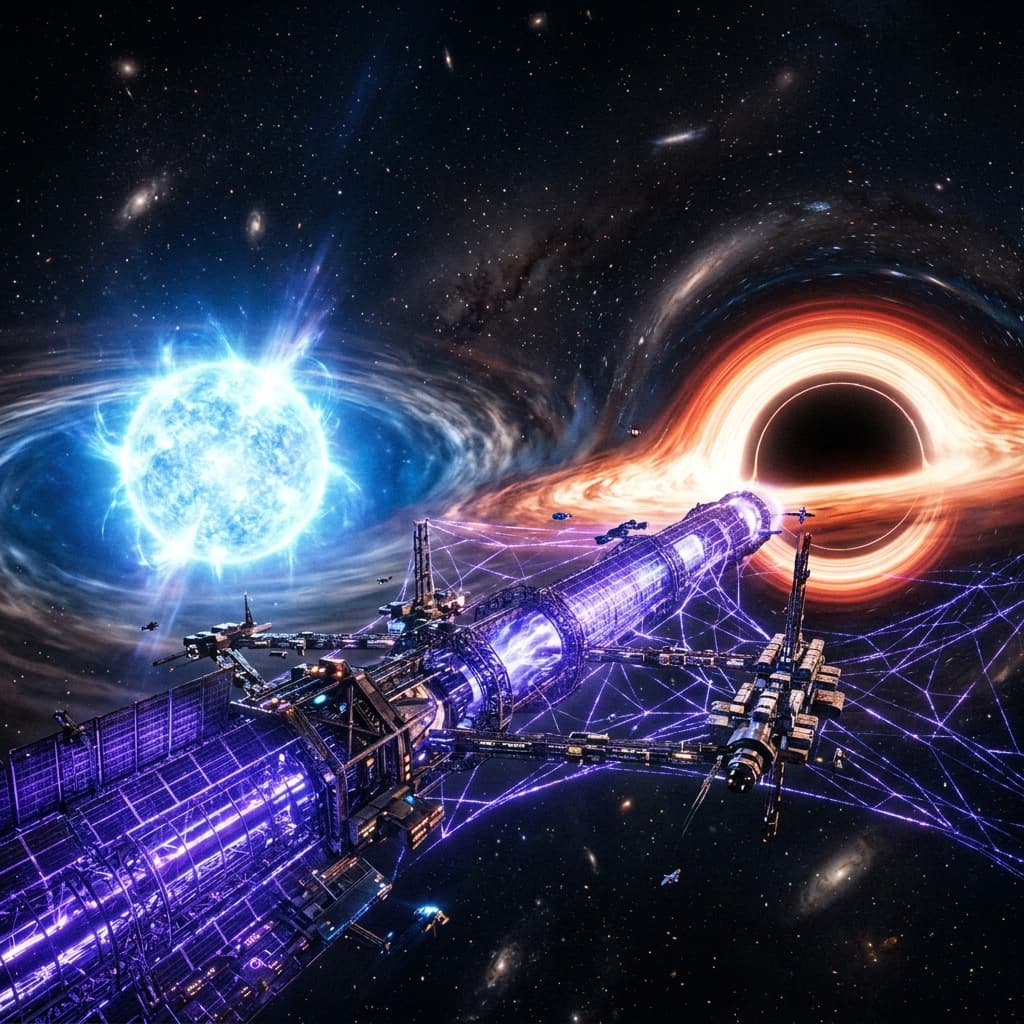 Orbital view of a stellar-scale industrial siphon installation situated inside a compact neutron star–black hole binary system, with energy grids glowing with violet light.