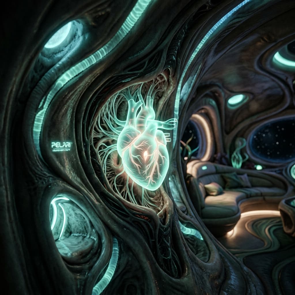 Bioluminescent Tide Heart organ nestled inside the organic structure of a Pelari bioship passenger cabin.