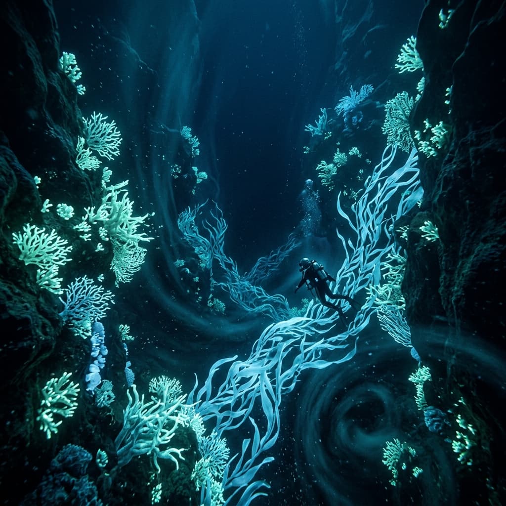 The deep-ocean environment of Naluum'thar, showing bioluminescent corals stabilizing oceanic currents without human elements.