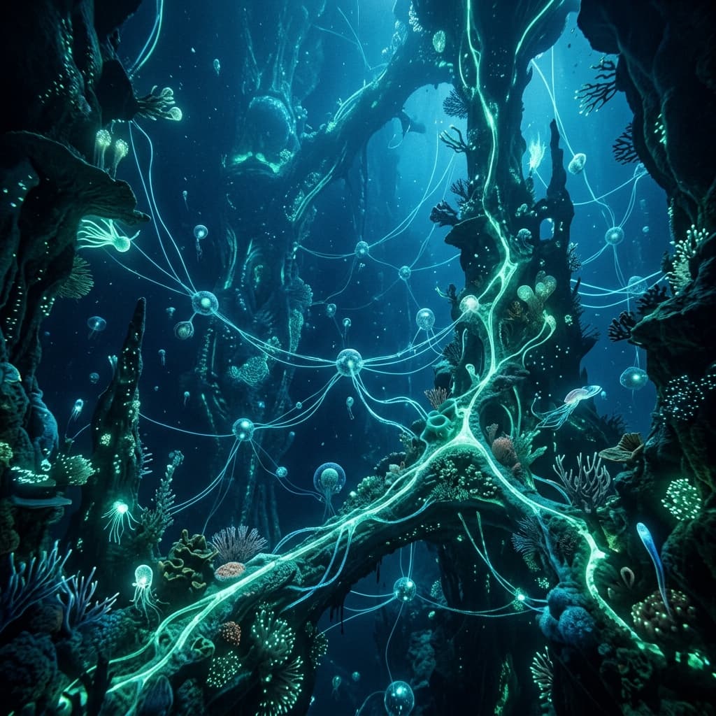 A deep-ocean aquatic stabilization zone showing glowing bioluminescent biological clusters maintaining ocean cohesion.