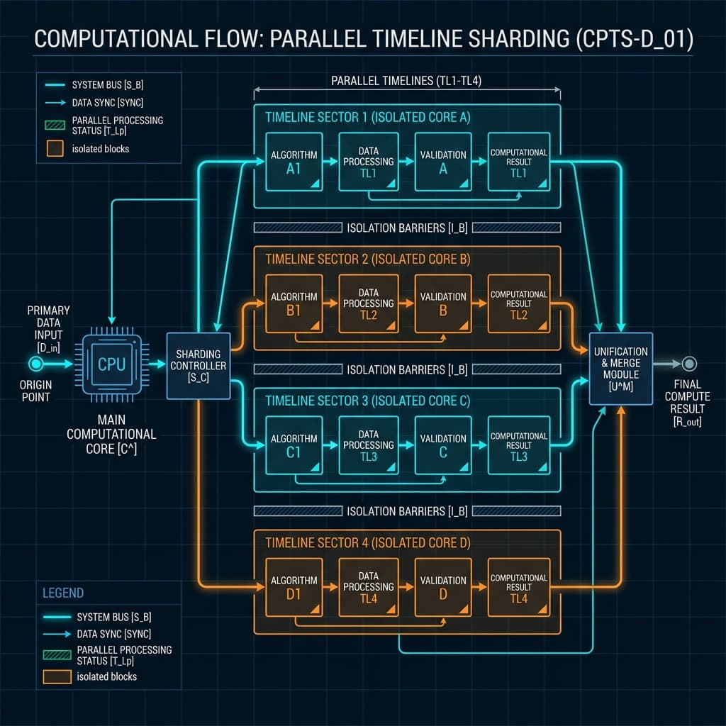 Technical diagram demonstrating temporal sharding, showing computational data packets distributed across isolated past and future segments of a machine's timeline.