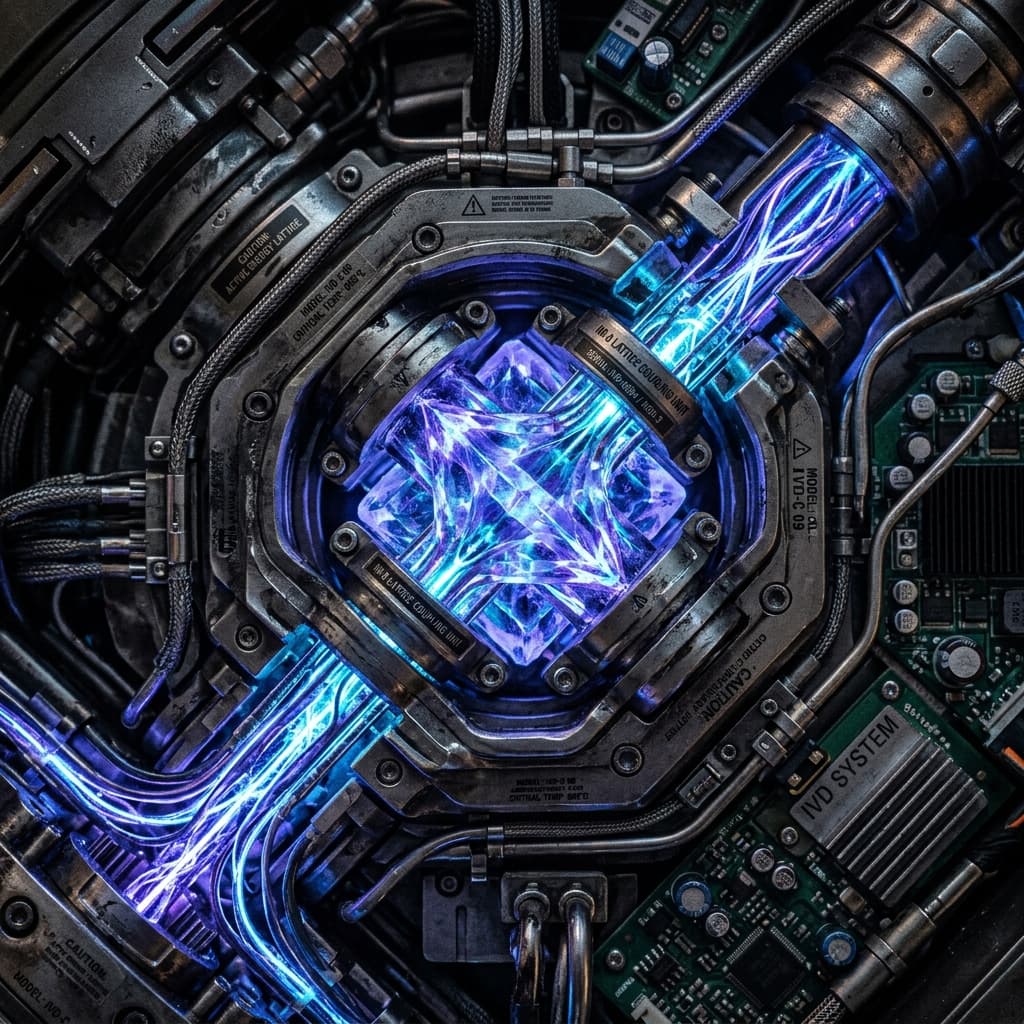 Close-up macro view of a glowing crystalline IM-9 lattice coupling unit inside an Inertial Vector Drive system.