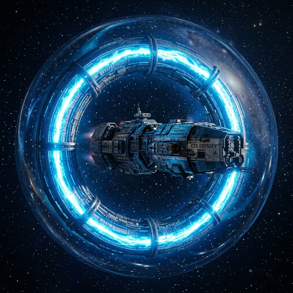 Glowing active warp drive bubble distortion field in deep space
