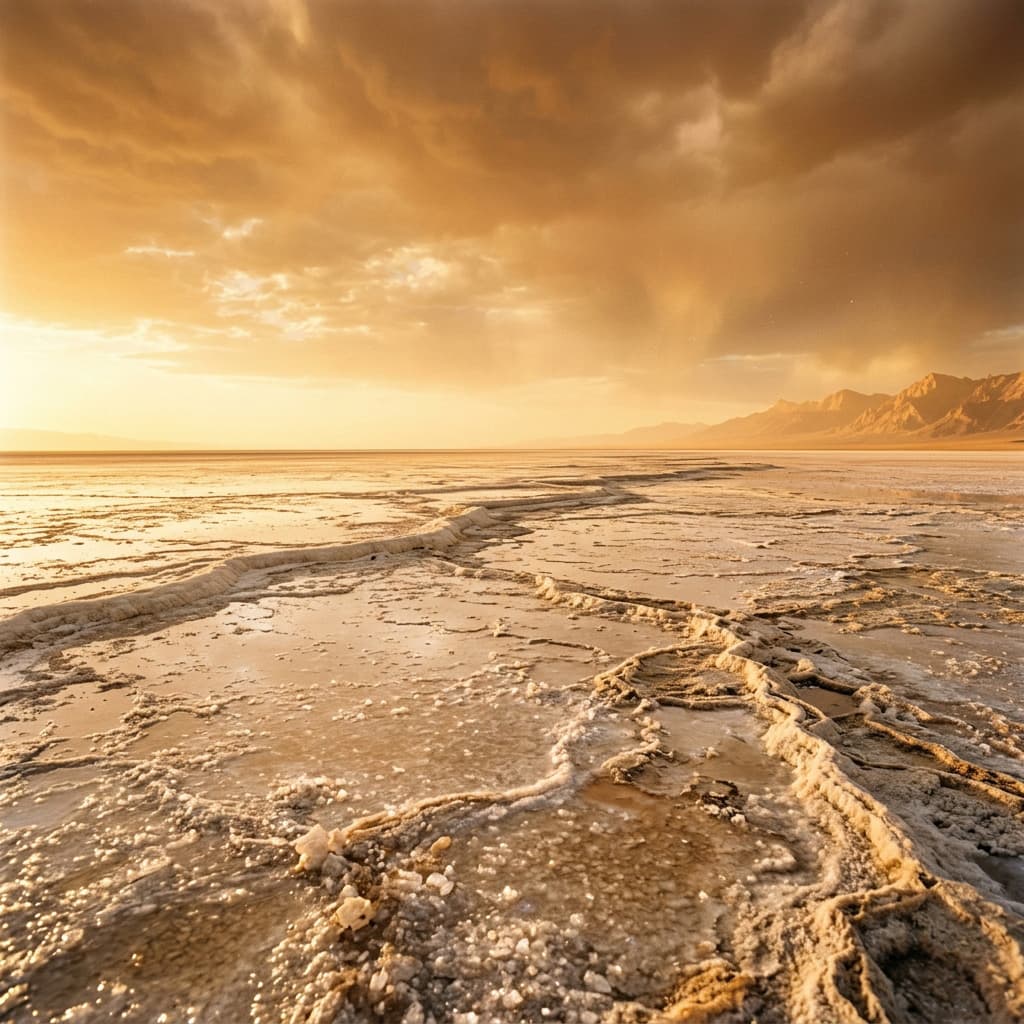 The Mineral Flats of Aurethis — ancient exposed seabed under Orvael amber light