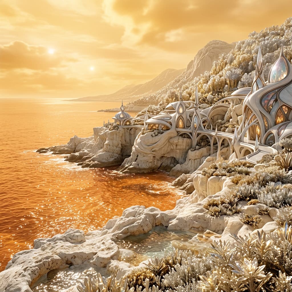 Surface of Aurethis — amber mineral landscape under Orvael light
