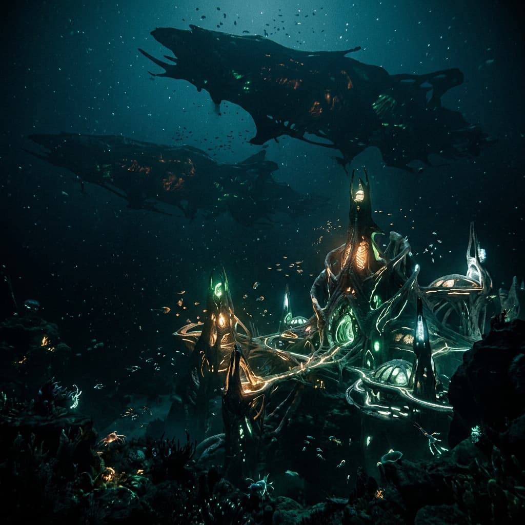 Ilareth Tah surface — Chromatic Shallows bioluminescent display
