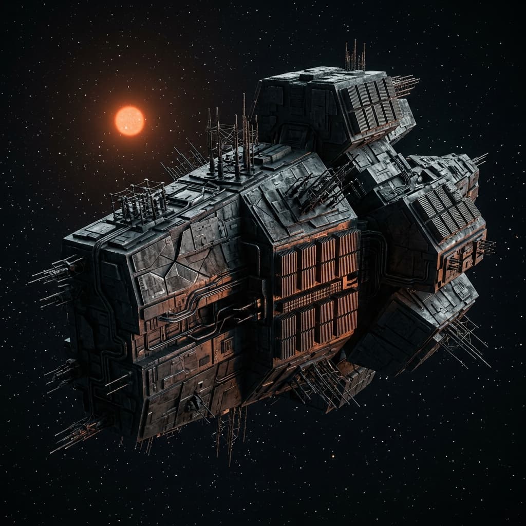 Druven starship exterior — angular hull studded with Vorsuum Field array nodes, thermal radiator fins, and vibrational sensor structures, no windows