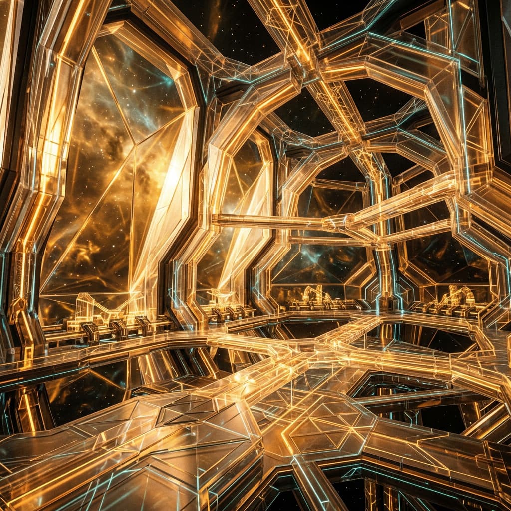 Interior of a Seraphim Luminite habitat — amber-spectrum calibrated environment