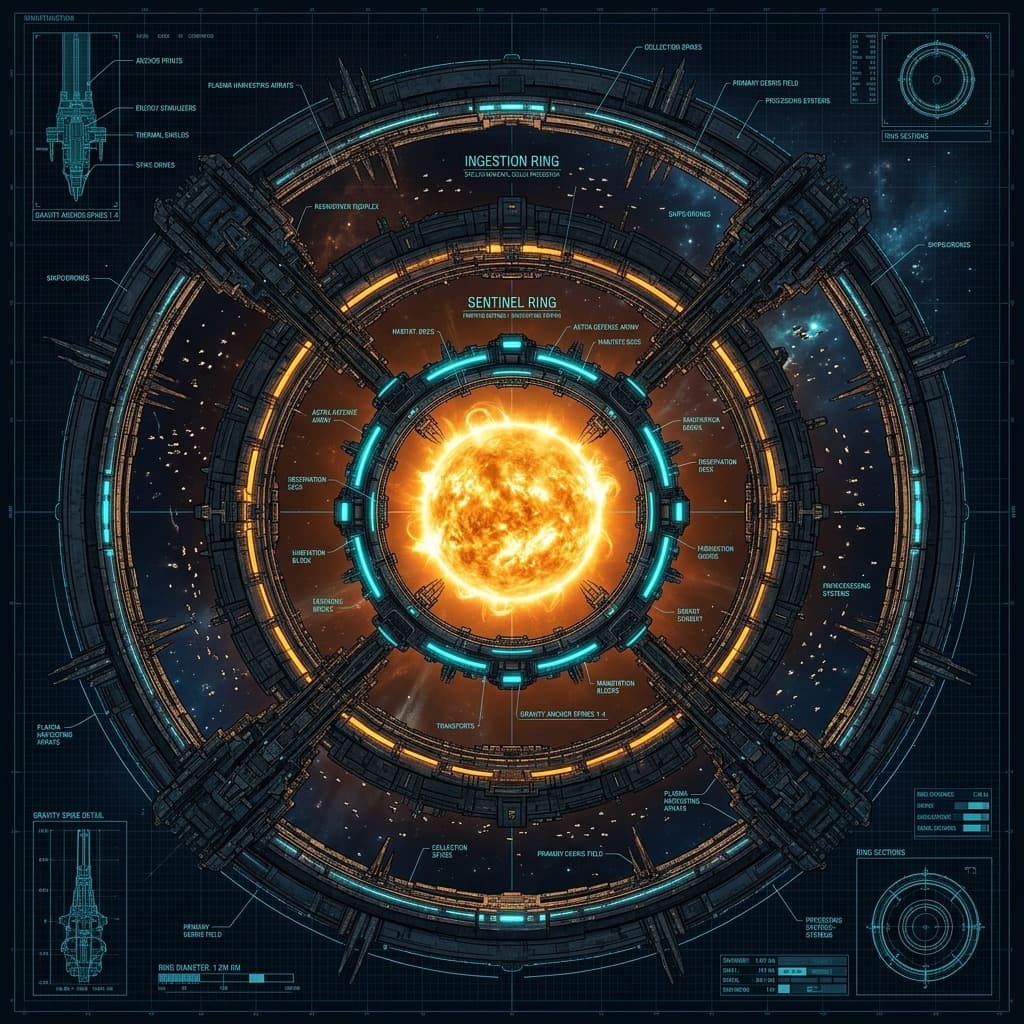 Diagram or visualization of the Sentinel, Crucible, and Ingestion rings anchored by massive gravity spines into the star.