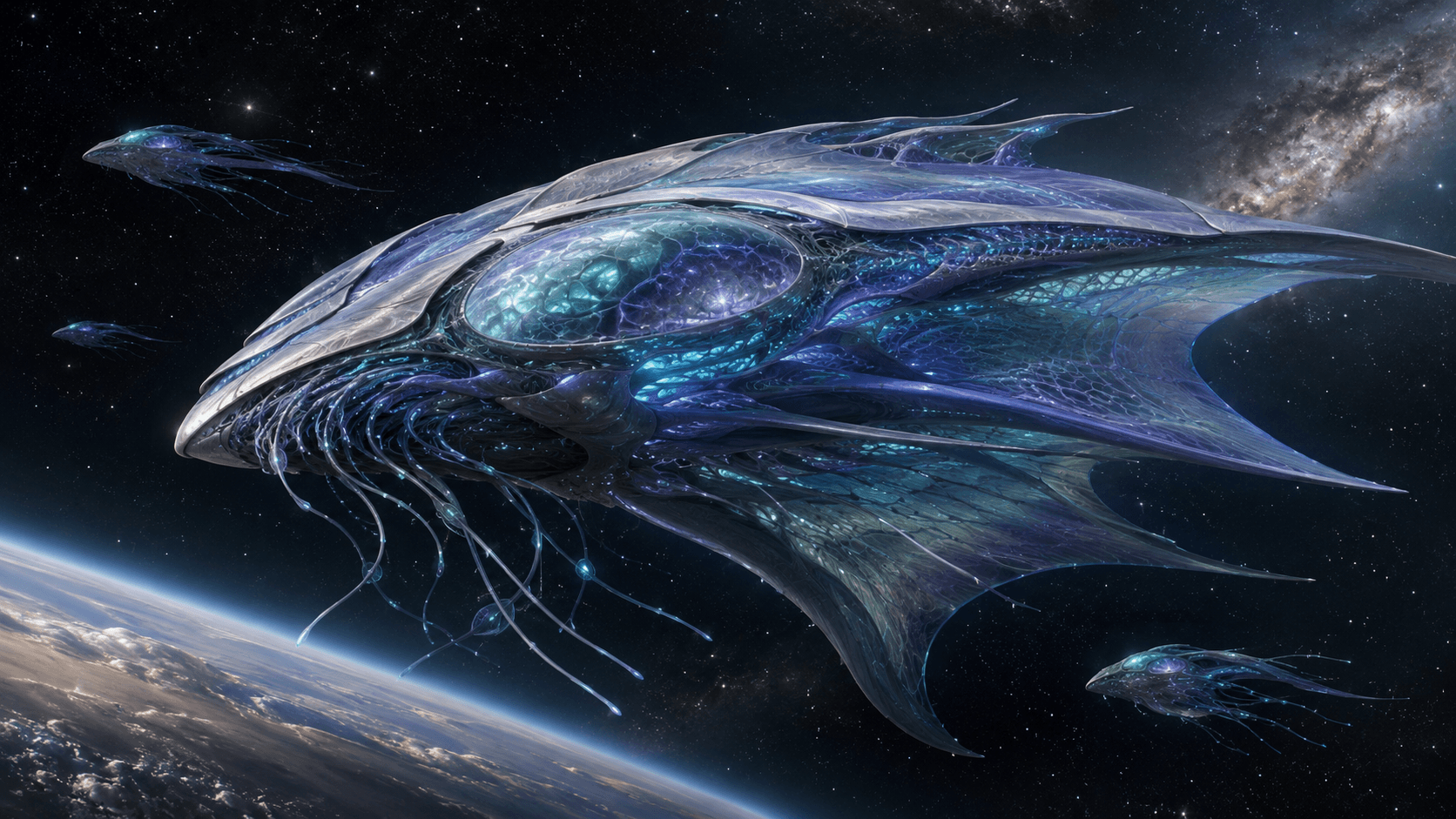 Bioluminescent Pelari leviathan forms suspended in a dark oceanic field, used as provisional visual reference for living Ark lineage bioengineering